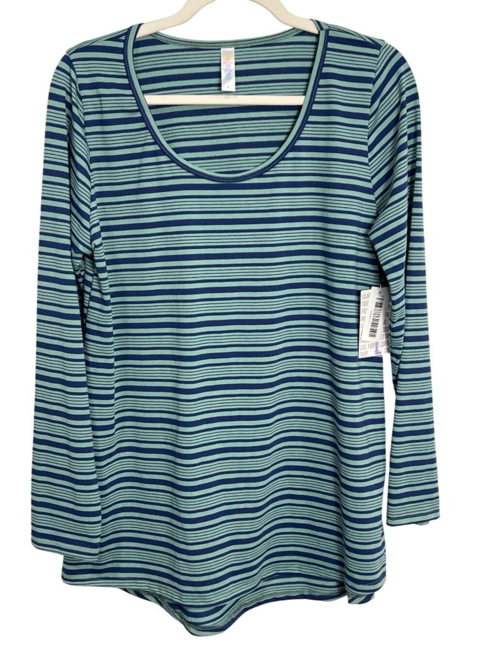 LuLaRoe Top Large Striped Long Sleeve Polyester Blend Green Blue Essential NEW